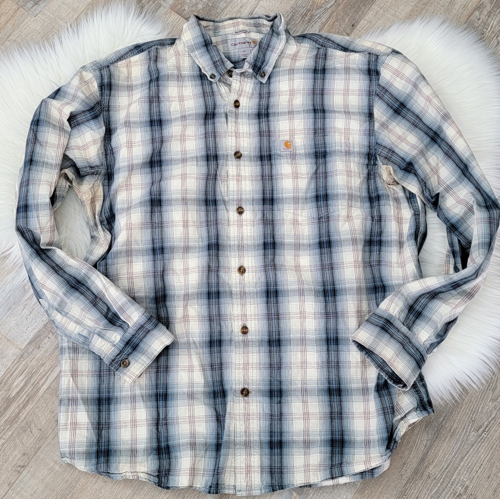 Carhartt Blue Plaid Long Sleeve Lightweight Cotton Button Shirt Men's Size XL
